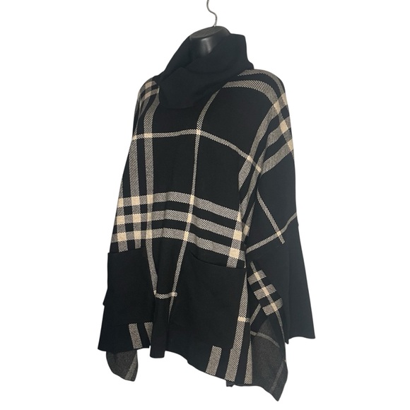 JOSEPH RIBKOFF BLACK/OATMEAL COWL NECK PLAID PONCHO - Picture 5 of 12